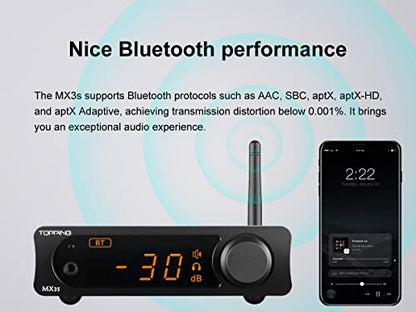 Topping MX3S DAC Amplifier Support Bluetooth Input 62W*2 Merus Class D 700mW*2 HPA Power Auto On/Off with Remote Control (Silver) - color: Silver