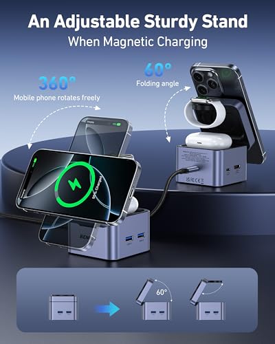 BENFEI 3-in-1 Foldable MagSafe Charger Stand with USB C Hub, Wireless Charging Station for iPhone 16/15/14/13/12, Apple Watch & AirPods, Supporting HDMI (4K@60Hz), 100W PD, 2X USB 3.0 (5Gbps)