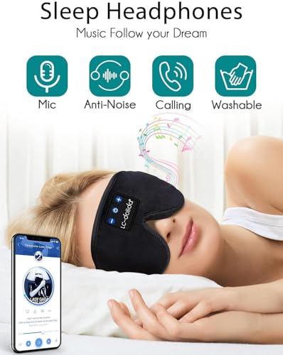 Sleep Mask with Headphones Bluetooth 5.4, LC-dolida Wireless Music Eye Mask for Sleeping Headphones with Soft Silk Cooling Breathable,Ultra-Thin Stereo Speaker for Side Sleepers-Raven - color: Raven