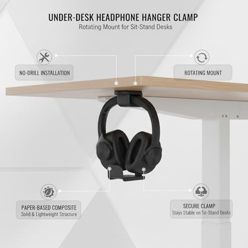 Under Desk Headphone Hanger Clamp, Rotating Mount for Sit-Stand Desks, No-Drill Installation, Paper-Based Composite (1 PC) - color: Black