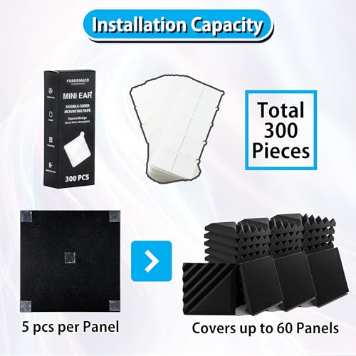 FOROOMACO Mini Ear Double-Sided Mounting Squares for Acoustic Foam, 300 Pcs | Pre-cut 1.18 in foam mounting tape squares with easy-peel tabs for acoustic foam, foam boards, signs and light decor