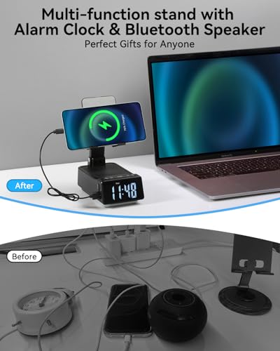 Birthday Gifts for Women Men, 7 in 1 Multi-Function Phone Stand with Bluetooth Speaker, Portable Charger Alarm Clock LED Light USB Playback Hands-Free Calling (Black) - size: F30