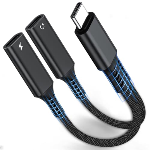 USB C Splitter 1 in 2 Out Dual Type C Headphone jack and Charger Adapter | 2in1 USB Type C Audio Jack Dongle with PD 60W Fast Charging Cable for iPhone 17 16 15 Pro Max, iPad, Samsung, LG More USBC