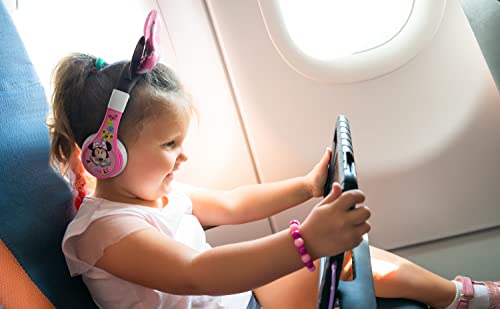 eKids Minnie Mouse Kids Bluetooth Headphones, Wireless with Microphone Includes Aux Cord, Volume Reduced Foldable Headphones for School, Home, or Travel, Pink | Reduced Volume and Built-in Microphone
