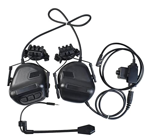 Helmet Mode Tactical Shooting headset + with U94 PTT 2pin with ARC Rail Adapter Noise Reduction & Sound Pickup Ear Protection (Black) - color: Black