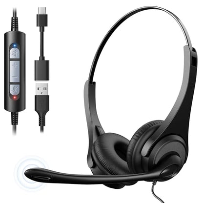Voistek USB Headset with Noise Cancelling Mic,Wired Headphones for pc | Noise Cancelling Mic,USB-A Cable & USB-C Adapter,In-Line Volume Control,Mute Button for Teams Zoom,Home Office,VoIP - color: Black