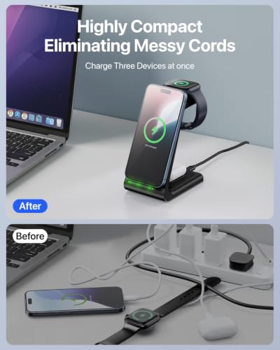Intoval 3 in 1 Wireless Charging Station for iPhone and Apple Watch,Fast Wireless Charger Stand,Compact Desk Charging Dock for iPhone17 16 15 14 13/Pro/Max, iWatch11 10 9 Ultra/SE 3/3,AirPods - color: Black