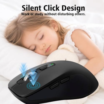 CITLLA Wireless Bluetooth Mouse (USB + BT1 + BT2), Full Size, 4-Way Scrolling, Multi-Device Silent Mouse for Computer, Laptop, iPad, MacBook (Black) - color: Black