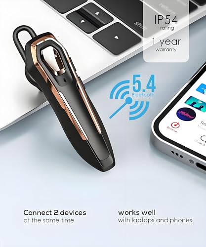 Hands-Free Bluetooth Headset V5.4, Bluetooth Earpiece Noise Canceling | 36Hrs Talk Time, Single Ear Headset for Work, Lightweight Wireless Earpiece with Mic (Gold)