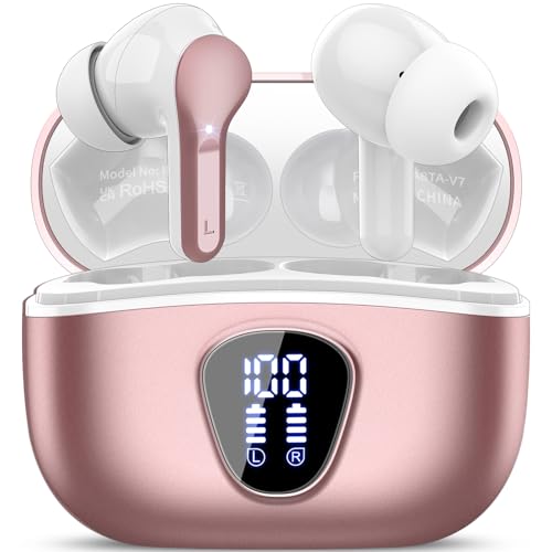 Wireless Earbuds, Bluetooth 5.4 Headphones HiFi Stereo, Bluetooth Earbuds | With ENC Noise Cancelling Mic, IP7 Waterproof in Ear Earphones, 48H, LED Display Ear buds for Pad Phones Workout, Rose Gold - color: Rose Gold