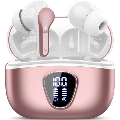 Wireless Earbuds, Bluetooth 5.4 Headphones HiFi Stereo, Bluetooth Earbuds | With ENC Noise Cancelling Mic, IP7 Waterproof in Ear Earphones, 48H, LED Display Ear buds for Pad Phones Workout, Rose Gold - color: Rose Gold