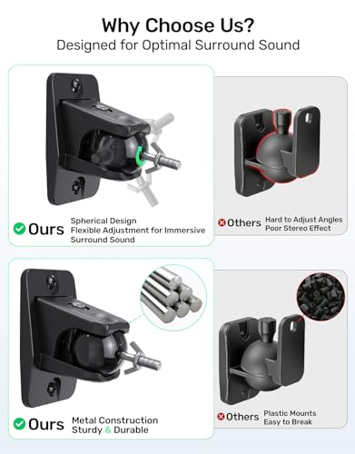 Surround Sound Rear Speaker Wall Mount, Aluminum, Max 11 lbs, 2 Pack | Adjustable Angle, Aluminum Build, Fits 1/4"-20, 5mm & 4mm Threads, Compatible with Roku, Samsung Q990D/Q990F and Others