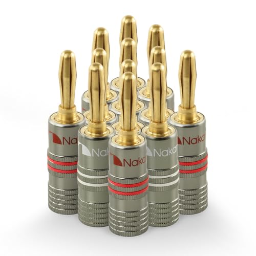 Nakamichi Ultimate Series 24K Gold Plated Beryllium Red Copper Banana Plug 12-18 AWG Gauge Size 4mm Connector for Speakers Wire Amplifiers Hi-Fi Sound Systems (12 Pcs (6-Pairs), Banana Plugs) - size: 12 Pcs (6-Pairs)