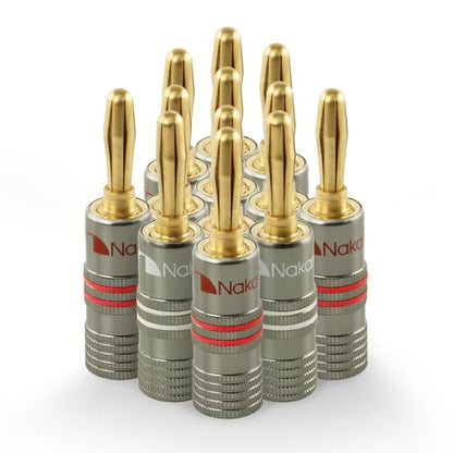Nakamichi Ultimate Series 24K Gold Plated Beryllium Red Copper Banana Plug 12-18 AWG Gauge Size 4mm Connector for Speakers Wire Amplifiers Hi-Fi Sound Systems (12 Pcs (6-Pairs), Banana Plugs) - size: 12 Pcs (6-Pairs)