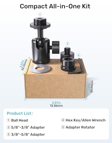 Ball and Socket Head Mic Adapter, All-Metal, 360° Swivel, 5/8 & 3/8 Threads | Ball Joint Secure Lock for Mic Angle Adjustment, Universal Fit for Mic Stand, Durable Metal, Compact Mini Design, Easy Mount