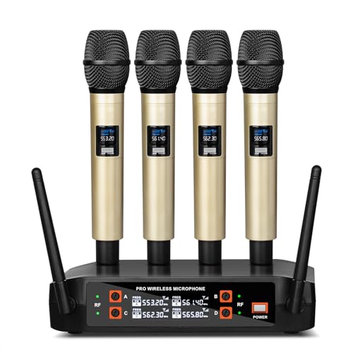 Depusheng DX4 Wireless Microphone with 4 Professional UHF Dynamic Mic Cordless Handheld Microphone System for Karaoke Singing Party Church Wedding PA Speaker