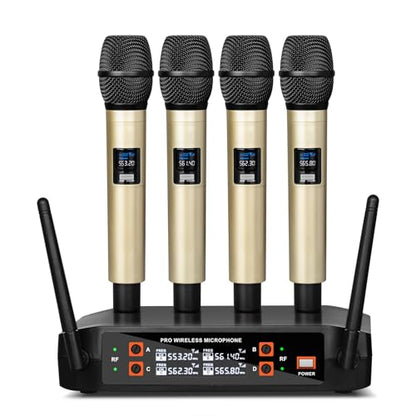 Depusheng DX4 Wireless Microphone with 4 Professional UHF Dynamic Mic Cordless Handheld Microphone System for Karaoke Singing Party Church Wedding PA Speaker