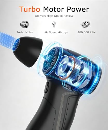 Compressed Air Duster, 100,000 RPM Turbo Fan, Mini Blower with Cleaning Bag and 4 Replacement Nozzles, for Keyboard, PC Repair Technician, Car Owner and House