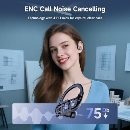 Sports Wireless Earbuds with Ear Hooks, Bluetooth 6.1 Noise Canceling Headphones, 90H Playtime LED Display, IPX7 Waterproof Running Workout Earphones, Black