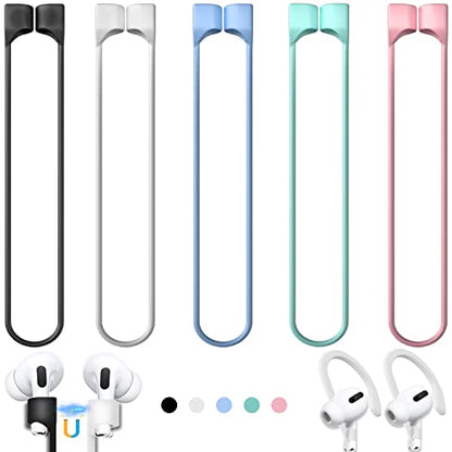 Mooyavia Ultra Strong Magnetic Anti-Lost Strap for AirPods Pro - 5 Pcs | Compatible with AirPods Pro 3/2/1 & AirPods 4/3/2/1,Soft Silicone Sport Neck Lanyard,with 1 Pairs Anti Lost Earhook - color: A3-black+white+sky Blue+mint Green+pink