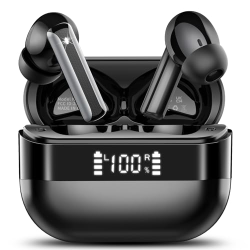 Wireless Earbuds, Bluetooth 5.4 Headphones HiFi Stereo, Bluetooth Earbuds with 4 ENC Mics, 48H Playtime Ear buds with LED Display Charging Case, IP7 Waterproof In Ear Earphones for Android iOS Black