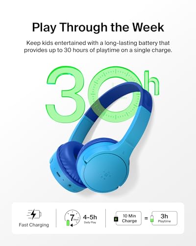 Belkin SoundForm Mini Bluetooth Kids Headphones, On Ear, 30H Battery Life | Toddler headphones, 85dB Volume Limit, Built-in Mic, Wired Connection Option, iPad, Android Tablet, School, Travel - color: Blue, style: Wireless (USB-C)