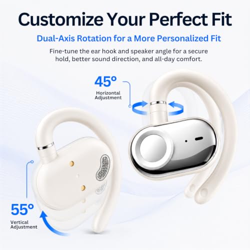 Open Ear Earbuds Bi-Axial Custom Fit Immersive Sound Wireless Headphones | Over The Ear Bluetooth Ear Buds Waterproof Long Battery for Running Outdoor Sports Travel Conference - OpenBass Fit White - color: Cream White