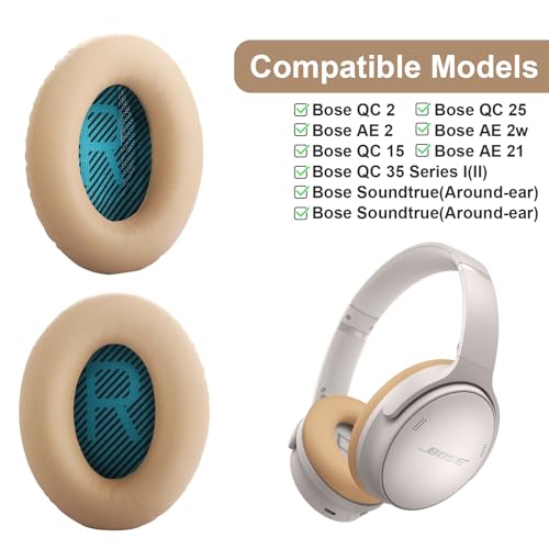 QC25 Earpads Replacement Ear Cushions Cover Compatible with Bose QuietComfort 35 25 15 2 / QC35 QC25 QC2 QC15 AE2 AE2i AE2w SoundLink SoundTrue Around-Ear Headphones Memory Foam Ear Pads - color: Beige