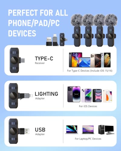 4 Mini Wireless Lavalier Mic for iPhone Android Phone Pad Computer