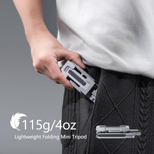 Phone Tripod Stand Foldable, PT-05 Pocket Cell Phone Tripod Mount Handle Smartphone Desk Stand Travel All in One Vlog Video Aluminium 2 Cold Shoe Small Size Lightweight Portable Stick