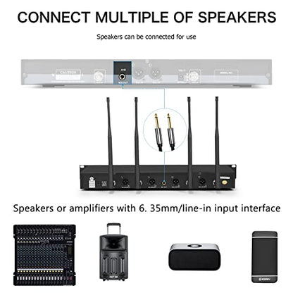 MicrocKing Wireless Microphone System 4 Bodypacks for Church Stage Class | UHF fixed, 400ft, 4 bodypacks (lav/head/lapel) for concert/class/church - style: 4 Bodypack mics