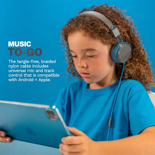 JLab, JBuddies Studio, Kids Wired on-Ear Headphones, Bundle with USB-C Adapter, Volume limiting, Foldable, Grey/Blue - color: Grey / Blue, size: Bundles