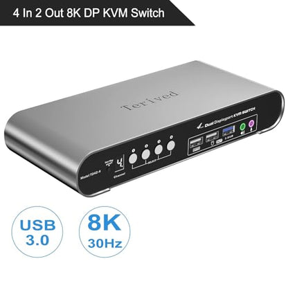 4 Computers 2 DP Monitors Automatic KVM Switch, 8K@30Hz 4K@144Hz 4 Port DP USB 3.0 Dual Monitor, Aluminum hotkey Audio Microphone, Digital Display, HDR10 with Cables - style: 4 Computers 2 DP Monitors 4K144