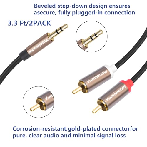 3.5mm to RCA Cable, 2 Pack RCA Male to Aux Audio Adapter, HiFi Sound, Metal Shell, RCA Y Splitter, 1/8 to RCA Connector for Phone, Speaker, MP3, Tablet, HDTV,3.3 FT