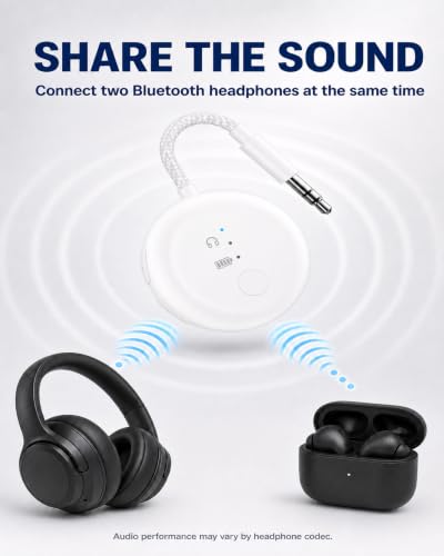 Avantree SoundJet R1 - Airplane Bluetooth Adapter for AirPods, 25H | Qualcomm aptX Adaptive & HD, dual-headphone pairing, 25-hour battery, USB-C charging, and single/dual airline plugs - color: 1. White