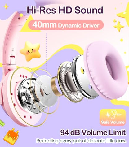 INFURTURE Kids Headphone for School with Microphone, Pink Wired Headphones | Adjustable for Boys/Girls, Soft Ear Muffs, Volume Limit, Foldable, Lightweight On-Ear Headphones for ipad/Travel/Tablet - color: Pink