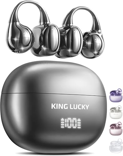 King Lucky Clip-On Earbuds Gen 3, Open-Ear Wireless Bluetooth 6.0 Headphones with Mic, Secure Fit for Small Ears & Glasses Wearers, 50H Playtime, LED Digital Display, ENC, IPX5 Waterproof(Balck) - color: Black, size: Digital Display