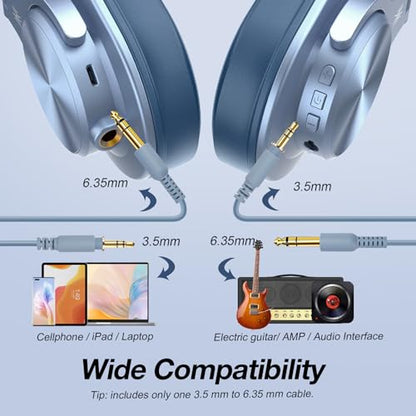 OneOdio A70 Bluetooth Over-Ear Headphones, Hi-Res Wired DJ Studio - SB | Wireless over-ear headphones with 72H playtime, 3.5mm/6.35mm wired jacks for studio monitoring, mixing, guitar, amp and PC - color: Sky Blue