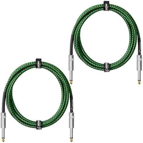 2-Pack 6.6 Feet Tweed braided 1/4 Inch TS Guitar Cables, Black & Green | Strain relief, Anti-kink, no signal loss, fit electric guitar, bass, amp - color: Green, size: 6.6ft