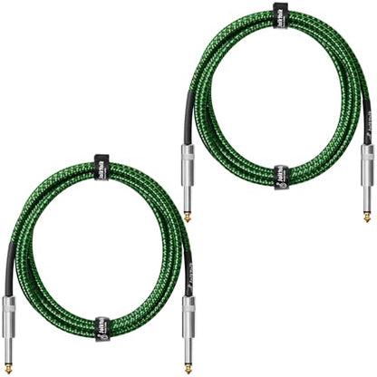2-Pack 6.6 Feet Tweed braided 1/4 Inch TS Guitar Cables, Black & Green | Strain relief, Anti-kink, no signal loss, fit electric guitar, bass, amp - color: Green, size: 6.6ft