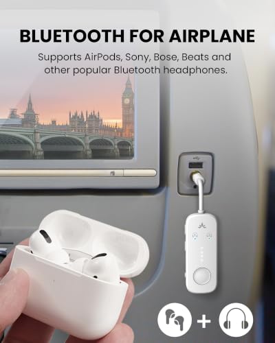 Avantree Relay - Airplane Bluetooth Adapter for 2 AirPods or Headphones | Qualcomm aptX Adaptive, 25H Battery, Firmware Upgrades, Volume Controls, 3.5mm AUX Audio Transmitter for Flight Travel & Gym - color: 2-White
