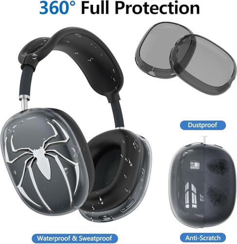 Case Cover for AirPods Max Headphones,Clear Soft Ear Cups Cover Accessories for AirPods Max 2/1 (2026/2024/2020) (Black Case+White Spider) - color: Black Case+White Spider