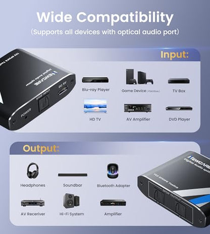 NEWCARE Digital Optical Splitter 1 in 2 Out,SPDIF Toslink Optical Audio Cable Splitter 1x2 Support LPCM2.0 Doldy Digital & DTS 5.1 for Xbox,PS4,PS5,DVD,TV Box,Home Theatre, Receiver,Sound Bar | Toslink Splitter 1x2 Support LPCM2.0 Doldy Digital & DTS 5.1