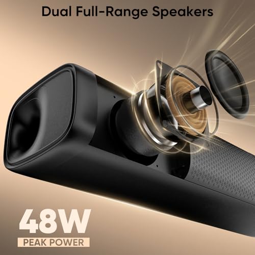 Saiyin 11.7-inch Sound Bar, Small Size & Big Power, Powered by AC Adapter | Soundbar with Bluetooth 5.3/Optical/Auxiliary Inputs, 48W Peak Power, Compact Sound Bar for Smart TV, PC, Gaming - size: 11.7 inches