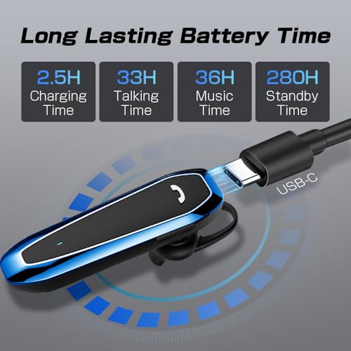 Bluetooth Headset, V5.3 Wireless Handsfree Earpiece with Noise Cancelling Mic, 33 Hours Talking Time, Single Ear Headset Compatible with iPhone Android Cell Phones for Driving Business（Blue）