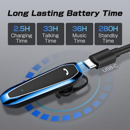 Bluetooth Headset, V5.3 Wireless Handsfree Earpiece with Noise Cancelling Mic, 33 Hours Talking Time, Single Ear Headset Compatible with iPhone Android Cell Phones for Driving Business（Blue）