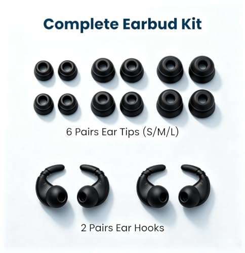 Double Flange Ear Tips & Anti-Slip Ear Hooks, Universal Replacement Kit | 6 Pairs L/M/S Silicone Earbuds Tips + 2 Pairs Sports Ear Hooks for In-Ear Headphones, Noise Isolating, Secure Fit, Black