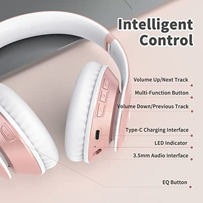 Uliptz Bluetooth Headphones Over Ear, Wireless HiFi Stereo Foldable Headset | 65H Playtime, Bluetooth 6.0, 6 EQ Modes, Built-in Mic, Deep Bass Stereo, Lightweight Design for Home, Office, Travel & PC - color: Rose Gold