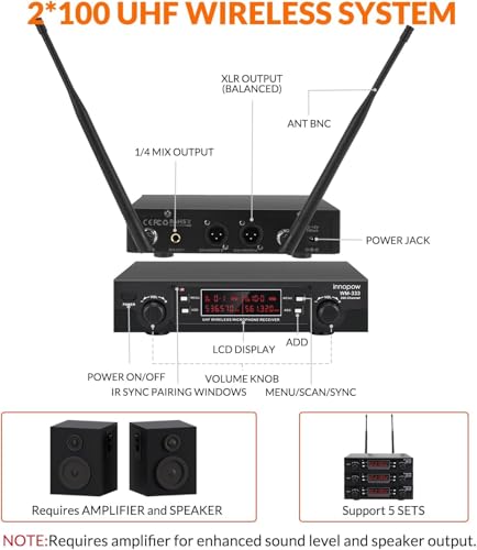 200-Channel Wireless Microphones System, Wireless Lavalier Microphone, Dual UHF Bodypack Cordless Lavalier Mic System Set, Auto Scan, Long Range 200-240Ft, 16 Hours Ideal for Church (Black)