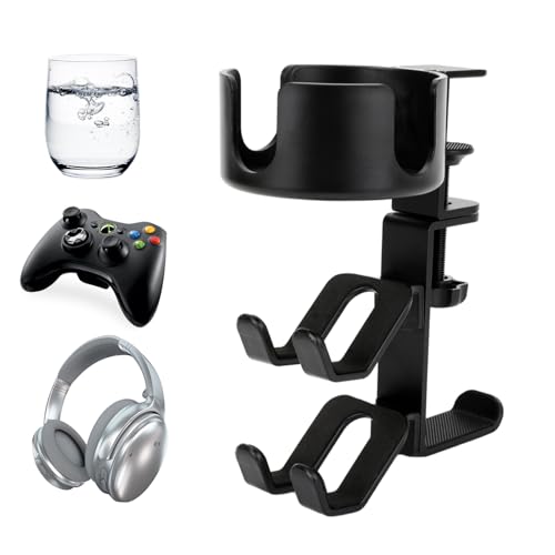 Desk Controller Holder with Headphone Hanger, 360° Rotating 3 in 1 Desk Anti-Spill Cup Holder with Headset Stand, Aluminum and Plastic